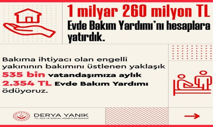 Bakanımız Derya Yanık: “Bakıma ihtiyacı olan engelli vatandaşlar ve aileleri için bu ay toplam 1 milyar 260 milyon TL Evde Bakım Yardımı’nı hesaplara yatırdık”