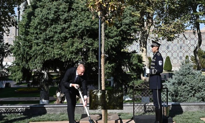 Zirvə Görüşündə iştirak edən dövlət və hökumət başçıları Səmərqəndin “Registan” meydanında ağac əkiblər